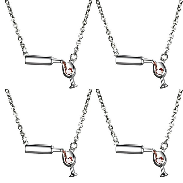 EeaseMX Collar con colgante creativo de corazón de 4 piezas, diseño de copa de vino tinto, cadena de clavícula para niña, regalo de joyería para San Valentín (plata)