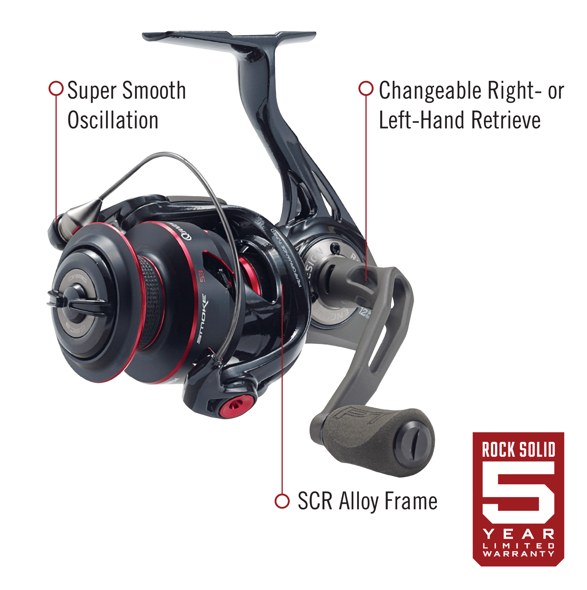 Quantum Smoke Spinning Fishing Reel, Size 15 Reel, Changeable Right- or  Left-Hand Retrieve, Continuous Anti-Reverse Clutch with NiTi Indestructible  Bail, SCR Alloy Frame, 5.7:1 Gear Ratio, Black 