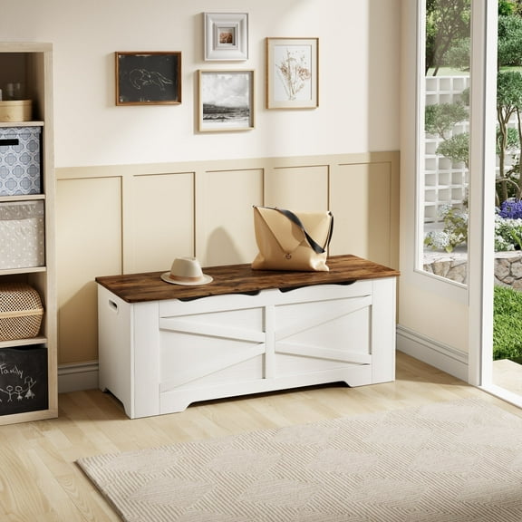 47.2  Inch Storage Bench, Shoe Toy Chest with Wooden Seat & Lift Top Storage,300 lbs Capacity, Modern Style Entryway Bench for Bedroom Living Room Brown& White