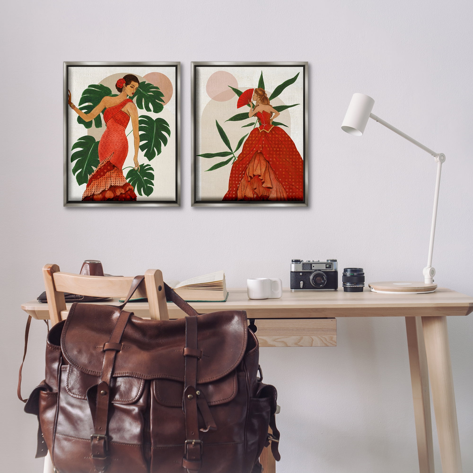 Stupell Industries Tropical Fashionistas in Red People Painting Gray Floater Framed Canvas Art Print Wall Art, 17 x 21, Set of 2