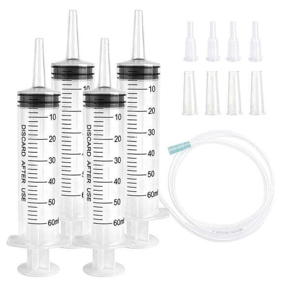 60cc Plastic Syringe Set with 40" Tubing - Versatile, Sterile Syringe Pack for Liquid Dispensing, 4 Pack