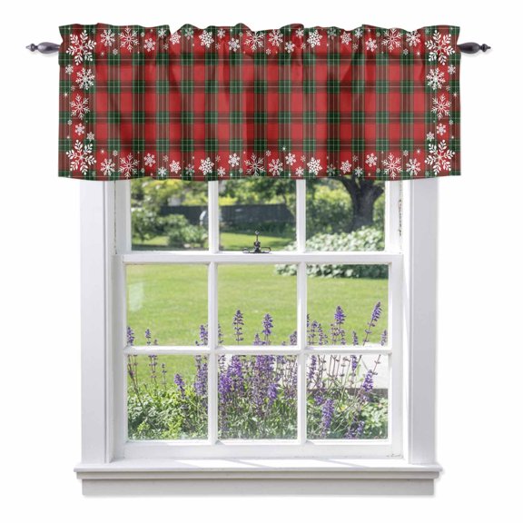 Curtain Valance for Windows, Christmas Red Green Plaid Kitchen Valances Rod Pocket Short Curtains, Winter White Snowflakes Window Valance for Bedroom Bathroom Living room 42x12in
