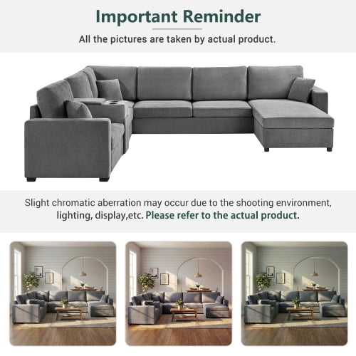 134" U-Shape Modular Sectional Sofa, 5-Seat Couch with Chaise Lounge, Deep Seat, Built-In Cup Holders, Storage Drawer and Pillows, Grey