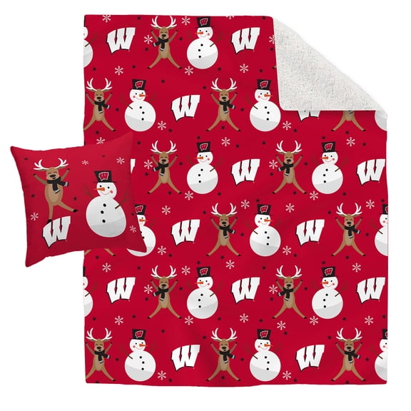Wisconsin Badgers Holiday Reindeer Blanket and Pillow Combo Set