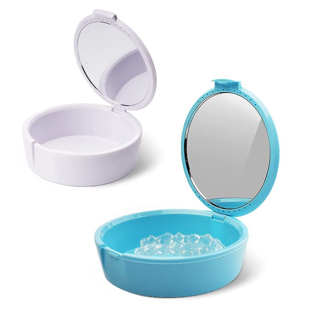 2 Pack Retainer Case with Mirror Retainer Container Partial Denture Storage Box (Light blue+White)