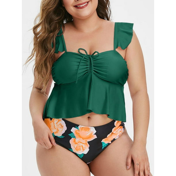 Tamaño más delantero cinchado la impresión floral del traje de baño de Tankini Rosegal vestidos de fiesta tallas grandes