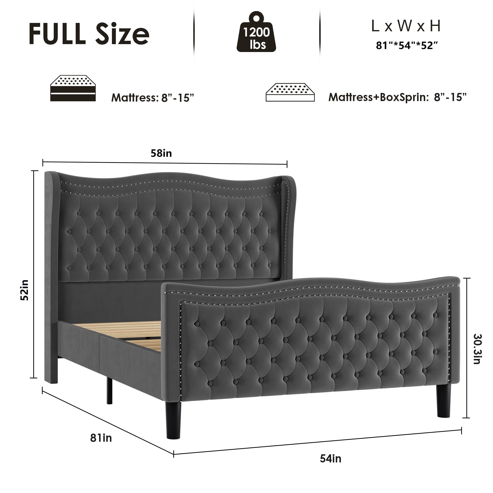Miniyam Velvet Full Size Bed with Button-Tufted Wingback Headboard for Adult, Gray