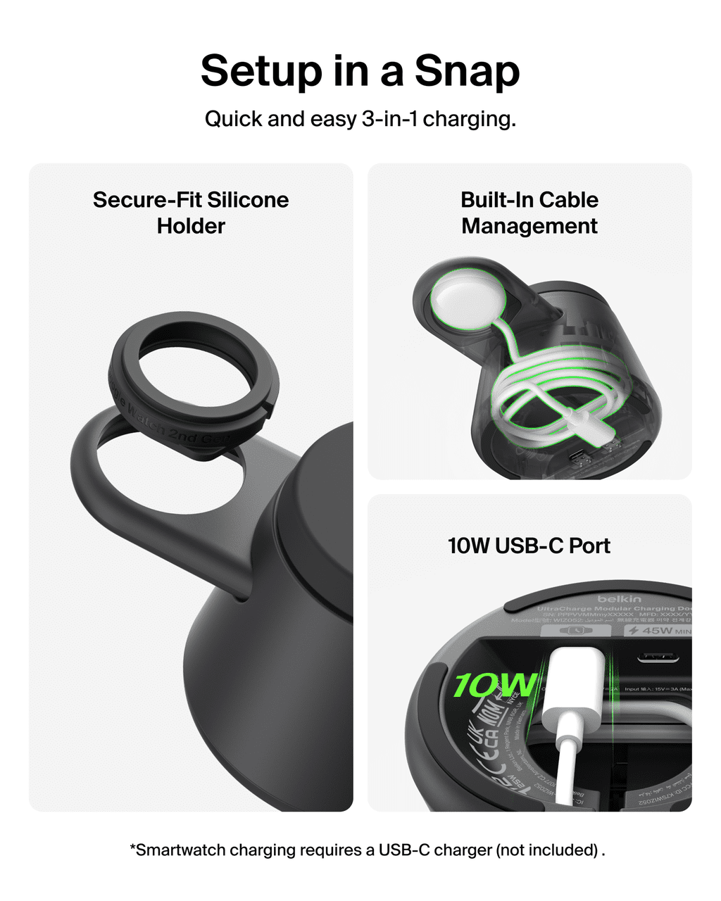 Belkin 3-in-1 Wireless Charging Station w/ USB C for Smartwatch Qi2.2 Magnetic Charger 25W Dock for Samsung Galaxy S26, Galaxy Watch, Pixel 10, Google Pixel Watch, Apple Watch, 45W Adapter
