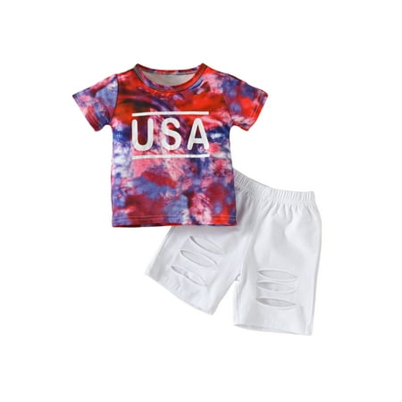 

Infant Baby Boy Girl 4th of July Outfits Short Sleeve USA T-Shirt with Elastic Waist Ripped Shorts