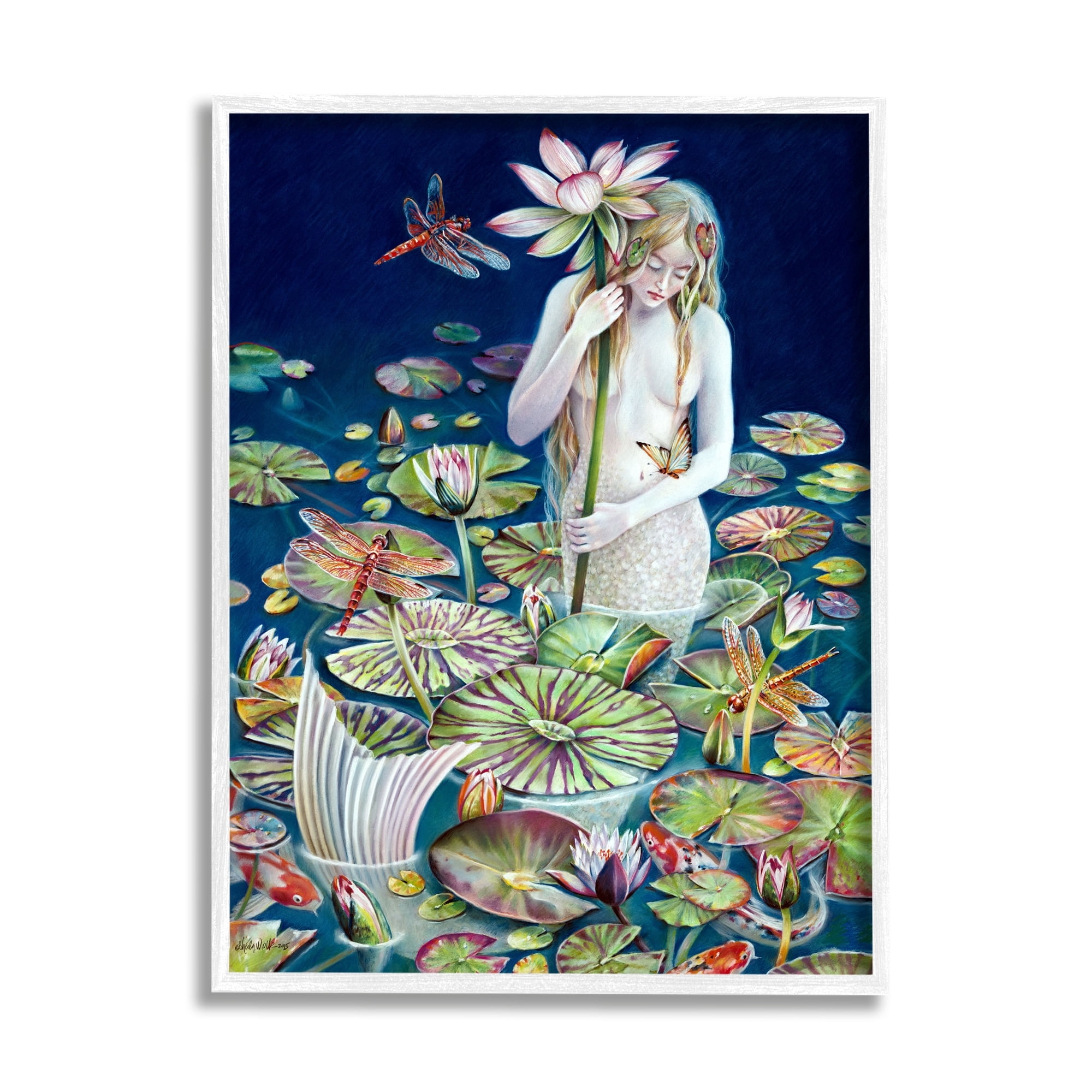 Stupell Industries Mermaid Among Water Lilies Floral Pond Woman Painting White Framed Art Print Wall Art, Design by Sheila Wolk