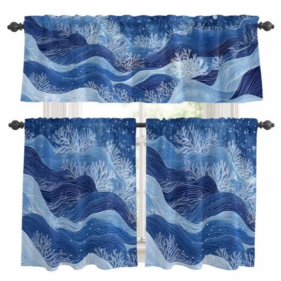 3 Piece Summer Sea Kitchen Curtain Valance and Tiers Set Nautical Coastal Abstract Watercolor Ocean Waves Corals Rod Pocket Tier Curtain 36 Inch Small Window Drapes for Living Room Bedroom Cafe Decor