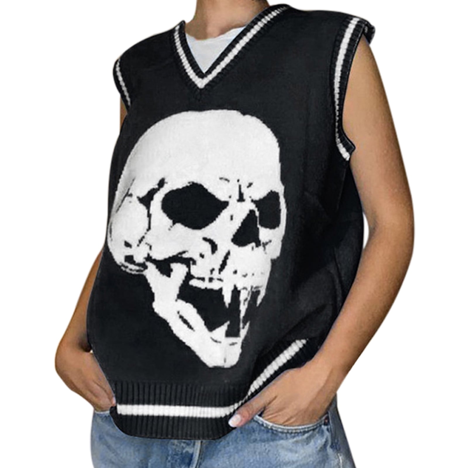 Women Sweater Vest V Neck Skull Print 