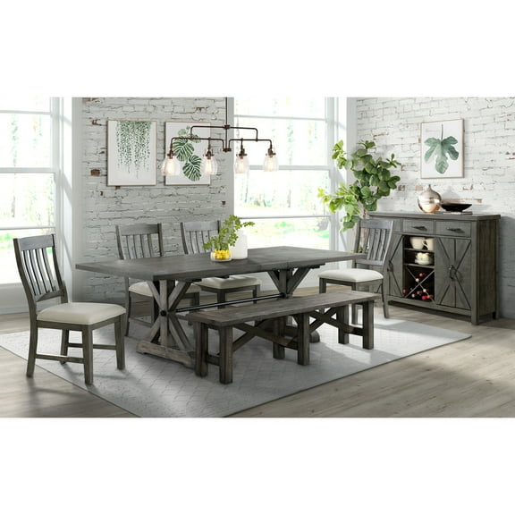 7 Piece Dining Set - Extendable Table, Chairs & Server - Seats 8 - Distressed Gray Finish