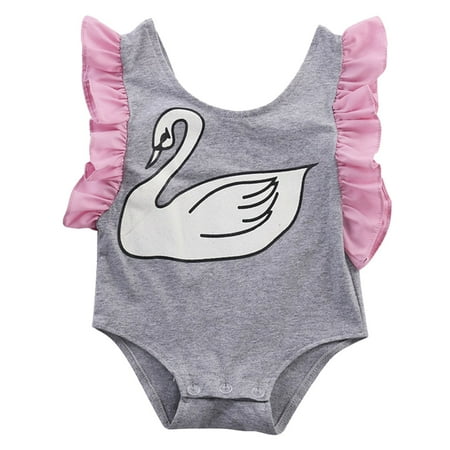

Flying Sleeve Swan Print Summer Pink Baby Girl Fashion Crew Neck Romper Summer Clothes