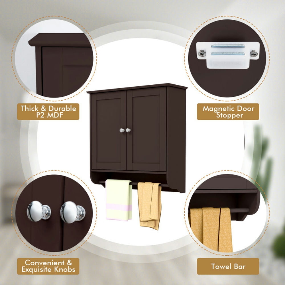 Finihen Wall Cabinet, Wall Mounted Bathroom Cabinet, Medicine Cabinet, Wall Mounted Bathroom Storage Medicine Cabinet with Towel Bar, for Kitchen Entryway Bathroom, Brown