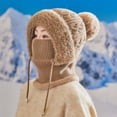 thumbnail image 3 of Women's Winter Plush Hat with Integrated Face Mask and Scarf, Fleece Lined Knit Beanie with Neck Warmer, Cold Weather Balaclava Style Cap, Warm Hooded Mask Hat for Outdoor Activities - Khaki, 3 of 4