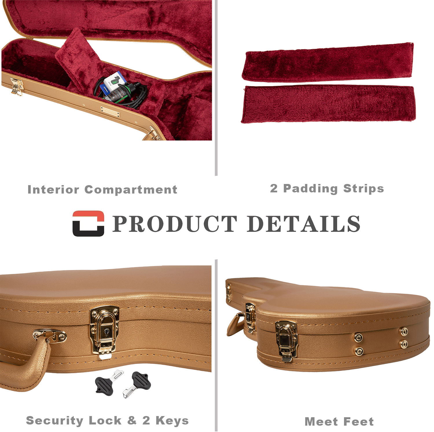 Crossrock Designer Series- Wooden Case for Gibson SG Electric Guitars- Security Lock, Metal Feet, Storage Space- Luxury Gold