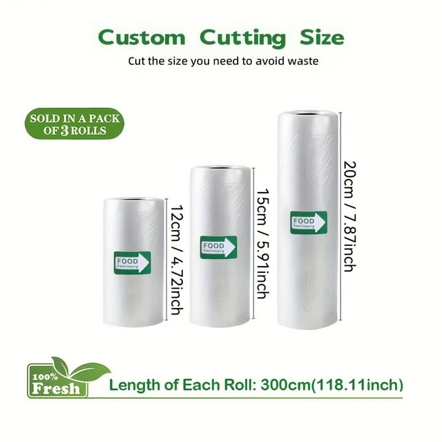 Bamboohart 3 Rolls of 3m Vacuum Sealing Bags (Different Sizes Combined) Reusable Free of BPA Food Protection Sealing Bags Food Freshness Bags Commercial Grade Food Vacuum Bags Food V