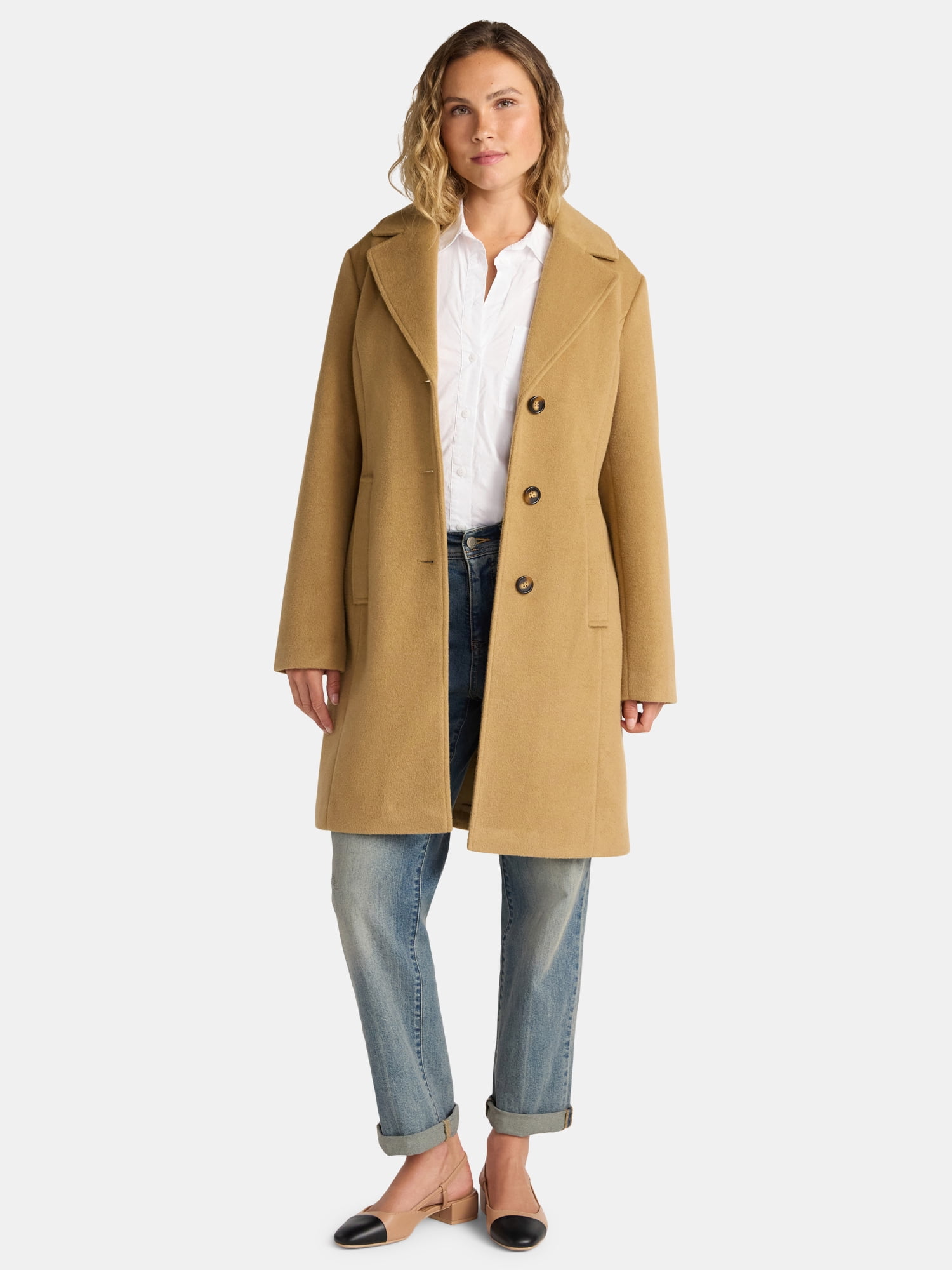 Time and Tru Women's and Women's Plus Faux Wool Boyfriend Coat, Sizes XS-2X