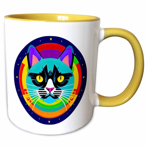 3drose, Fantastic Blue Cat Face in Space. Shining Sun and Stars Funny Gift, 15oz Two-tone Yellow Mug