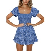 Sherrylily Women Floral Wide Leg Short Rompers Shirred Ruffle Sleeve Jumpsuit