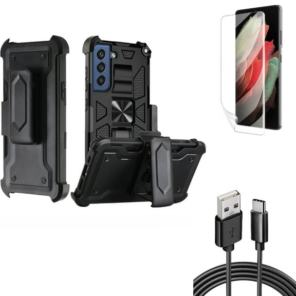 6ft USB Cable & Matte Screen Protector & Case Belt Clip for Samsung Galaxy S22 Plus (S22 ) - Combo Type-C Charger Cord Power & TPU Film Anti-Glare & Holster Swivel Cover