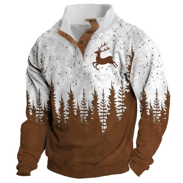 sudadera sin capucha para hombre, moda, bolsillos, manga larga, estampado navideño, sudadera con capucha, blusa de poliéster para hombre. Pulóver frontal color coffee y blanco con corte masculino; base y mangas coffee, parte superior blanca con salpicado oscuro y estampado de pinos y ciervo marrón, cuello alto con cierre de botones y solapa tipo cuero, bolsillos laterales integrados y puños acanalados, material: poliéster. Apta para uso casual en invierno y primavera; adecuada también como capa cómoda para viajar.