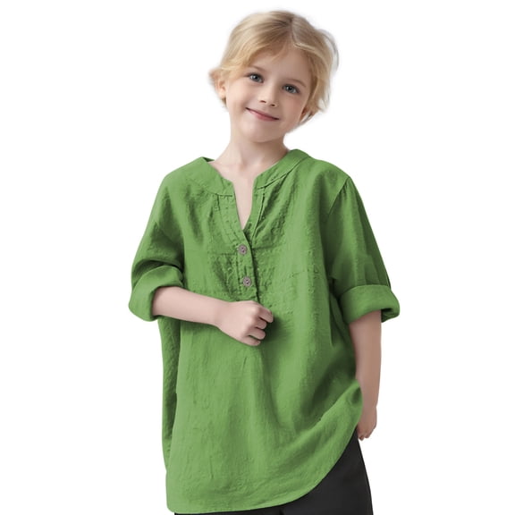 FFENYAN Oversized V Neck Long Sleeve Button Cotton Linen Shirt for Big Girls - Cotton Linen Summer Solid Color Shirt 3-11Y - Perfect for Casual Wear Summer Outings