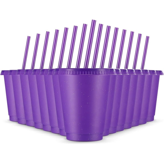 15 Pcs Reusable Cups with Straws and Lids 16 oz Glitter Tumblers Plastic Party Favor Cups with Lids Travel Mug Tumbler for Valentine's Day Party Iced Beverage Water(Purple)