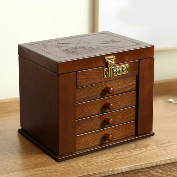 Miumaeov 5 Layers Large Wooden Jewelry Box Ring Necklace Storage Case Organizer w/ Combo Lock, Mirror