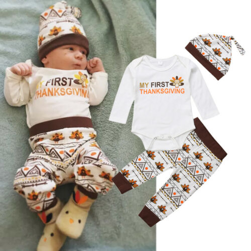 Baby Boy/'s Thanksgiving Outfit Set White Infant Bodysuit Leggings And Hat With Turkeys Baby Boys First Thanksgiving Outfit