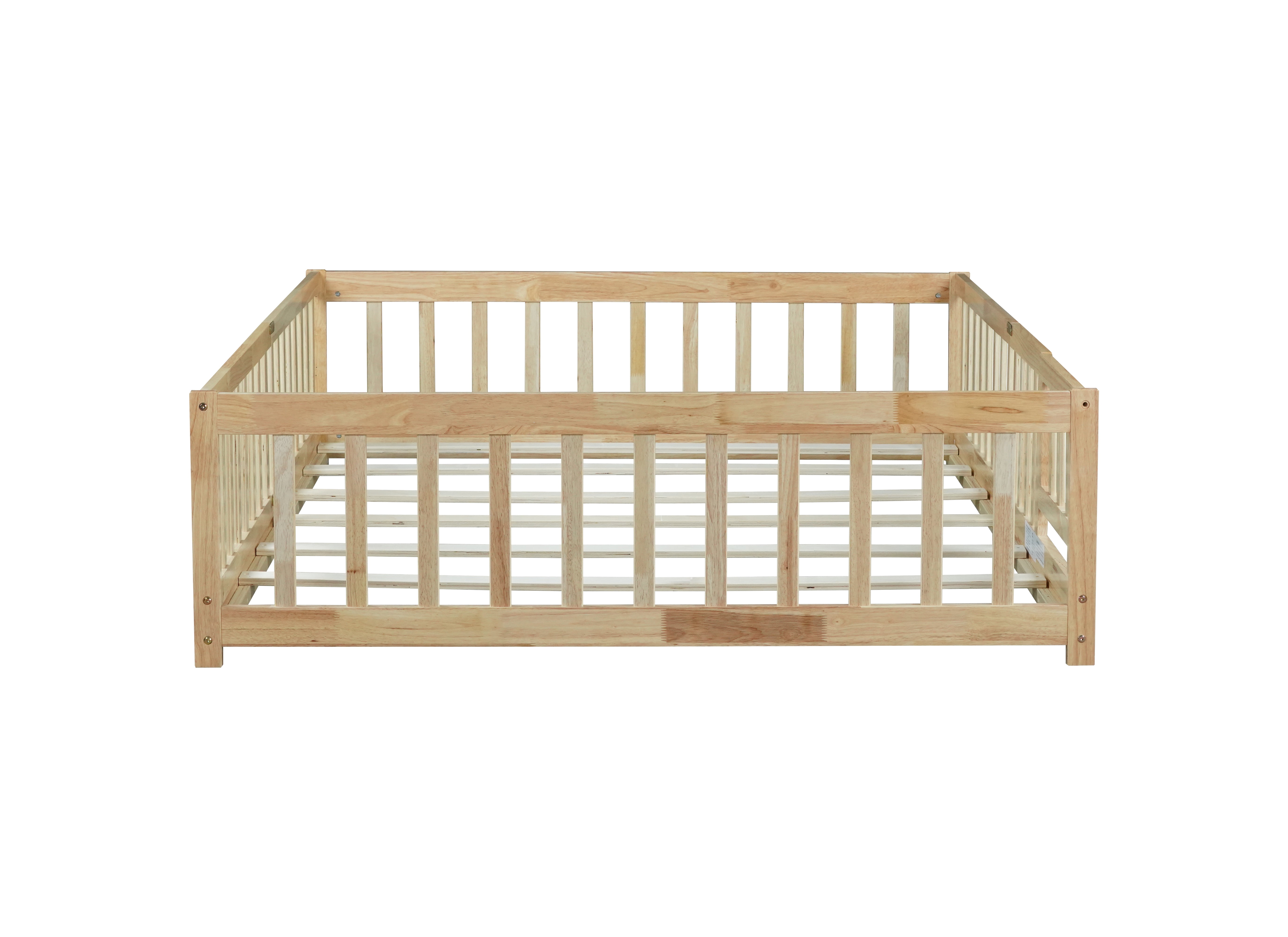 Full Size Floor Bed with Fence and Door, Rubber Wood Floor Bed with Safety Guardrails, Natural