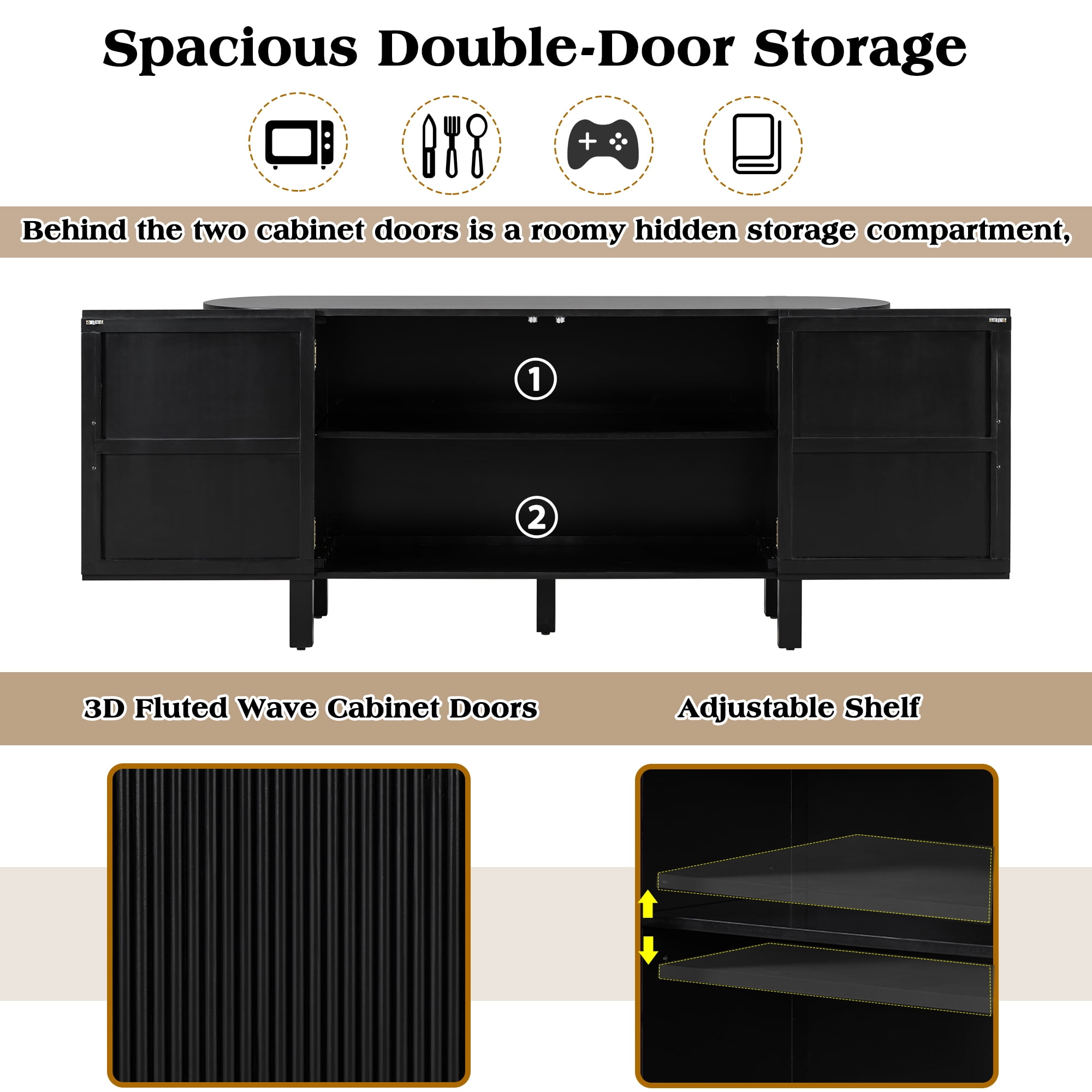 Euroco Sideboard Buffet Cabinet with Storage, 59.8" Mid Century Sideboard Cabinet with Double-layer Curved Extension Shelf & Metal Handle,Credenza Coffee Bar for Kitchen Living Room,Black