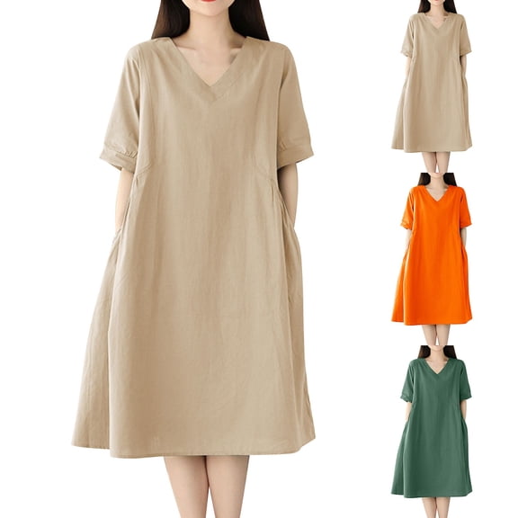 FNFYFH Cotton Dresses for Women Loose Fit 2026 Short Sleeve V Neck Sundress Beach Vacation Midi Dress with Pockets