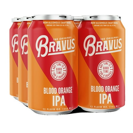 Bravus Non-Alcoholic Craft Beer Blood Orange IPA 12 oz Can - Vegan, Gluten-Reduced, Low-Calorie 6-Pack