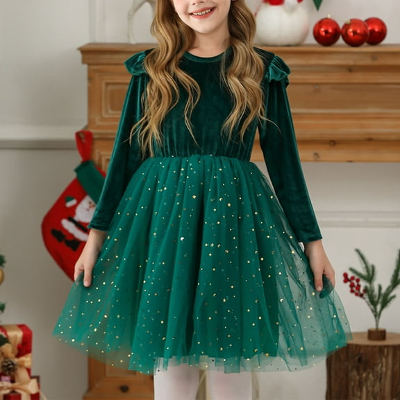 Girls Velvet-Tutu Dresses Tulle-Splice Size 5-12 Toddlers Kids Trendy Ruffle Long Sleeve Crewneck Solid Color Sequins A-Line Birthday Party Midi Dress