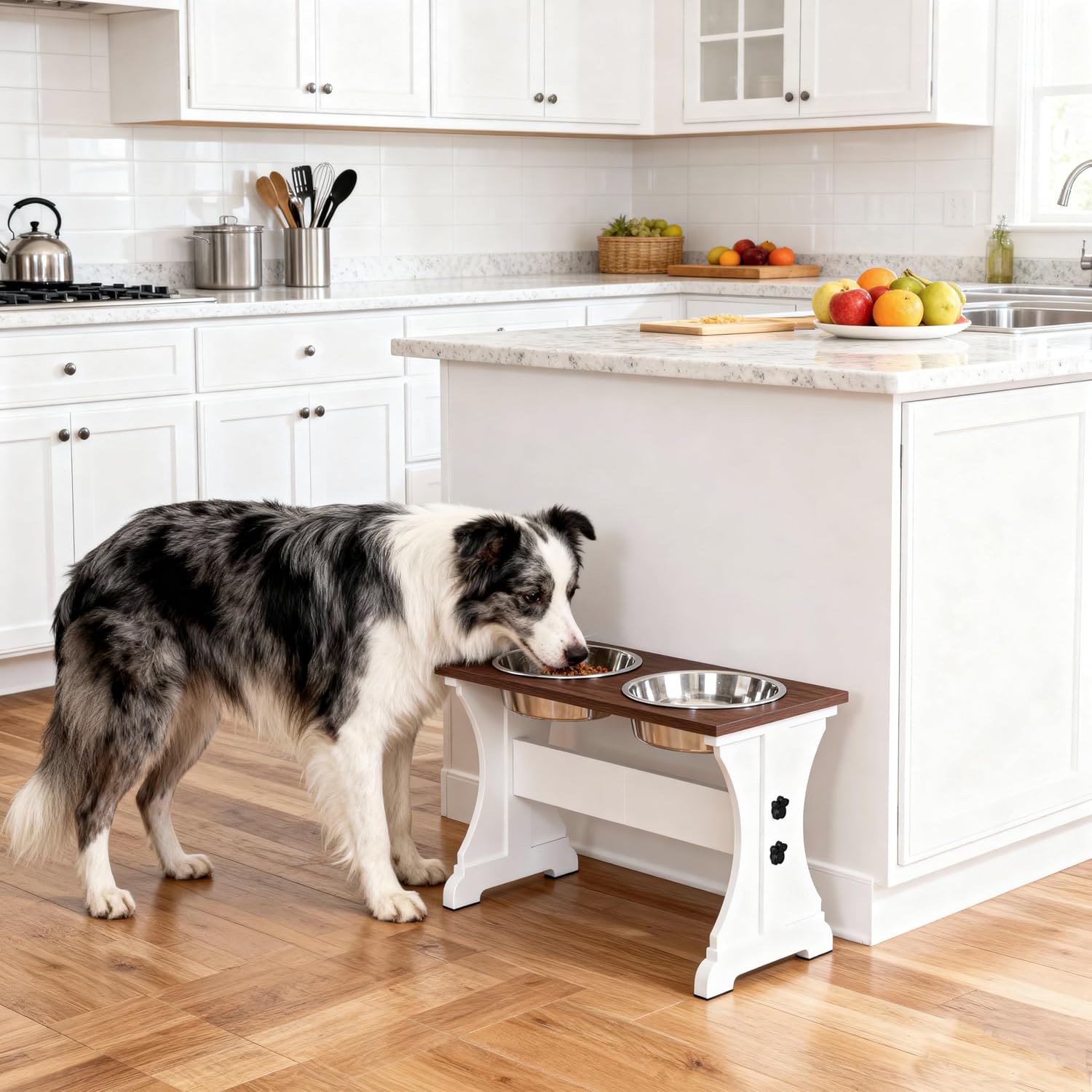 Elevated Dog Bowls,Farmhouse Dog Bowls Stand, Raised Dog Bowl with 2 Stainless Steel Wooden Dog Bowl 12 Cups 15.7''H 90 OZ Bowl-Farmhouse Style