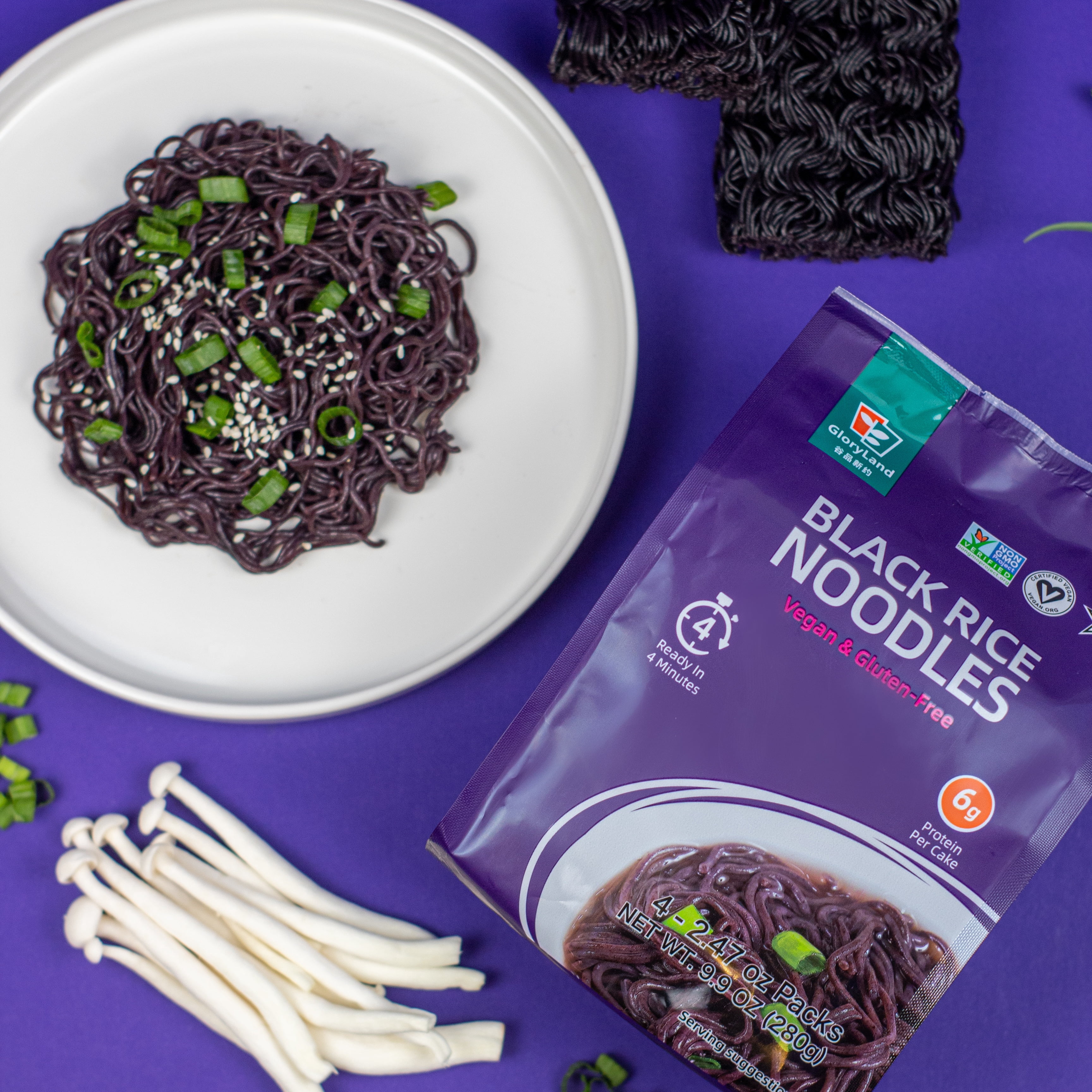 GloryLand Black Rice Noodles (6 Bags) Gluten Free & Only Two Ingredients, No Additives