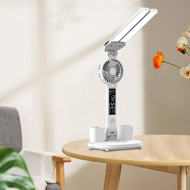 Lámpara de Mesa Fernando con Ventilador LED Reloj/Fecha/Pantalla de Temperatura Portalápices 3 Modos de Iluminación Protección Ocular Recargable 3200mAh