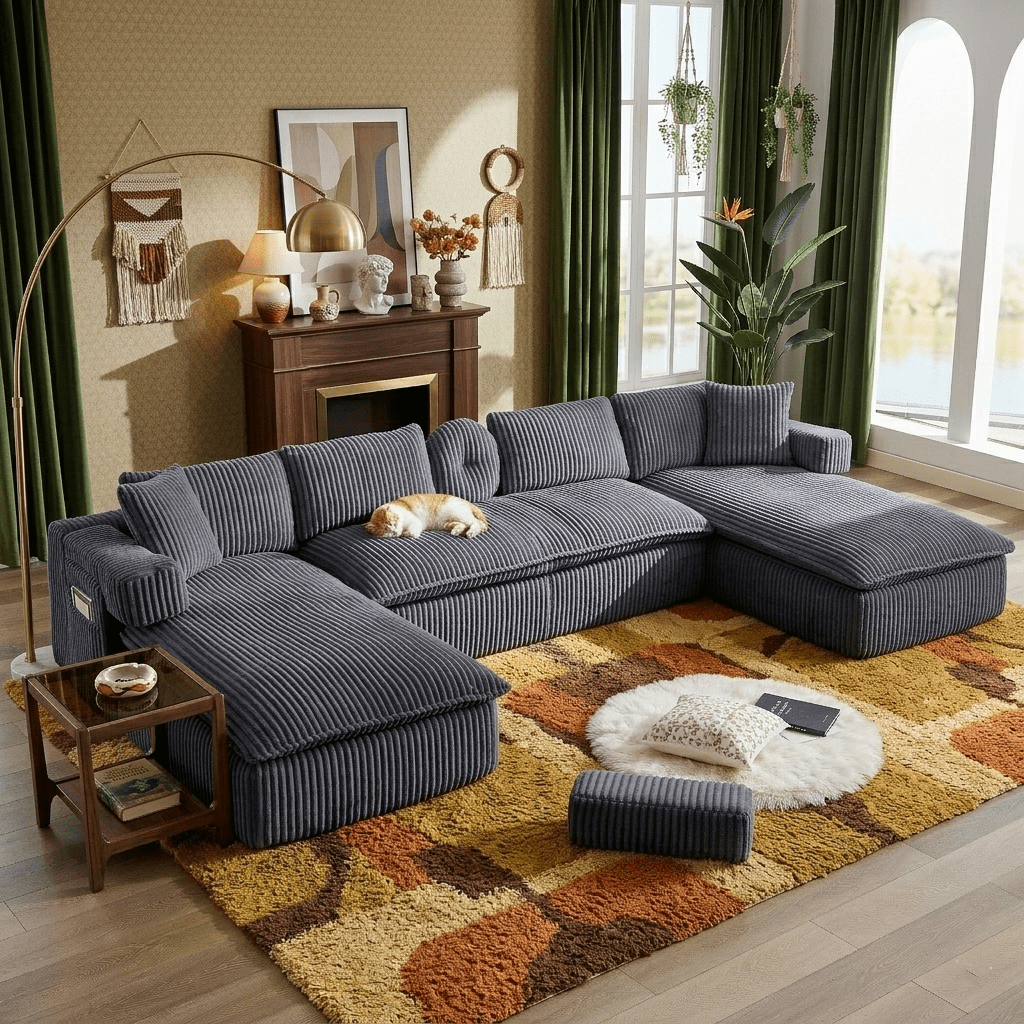 Howcool 149"W Oversized Modular Sectional Sofa,7-in-1 Corduroy U Shaped Sofa Couch with Double Chaise Lounge,Convertible Sleeper Sofa Bed,Deep Seat Cloud Couch for Living Room,Dark Gray