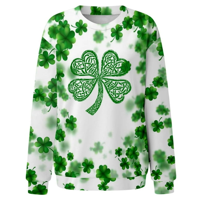 Chandail de la Saint-Patrick pour Femmes, Haut à Manches Longues Imprimé Décontracté avec Graphique de Trèfle, Chandail à Col Rond pour Fêtes Festives, Tenue Décontractée, Superposition Printanière