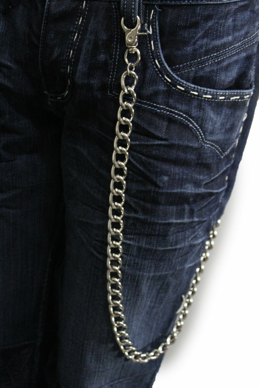 Men Long Silver Metal Wallet Key Chain 