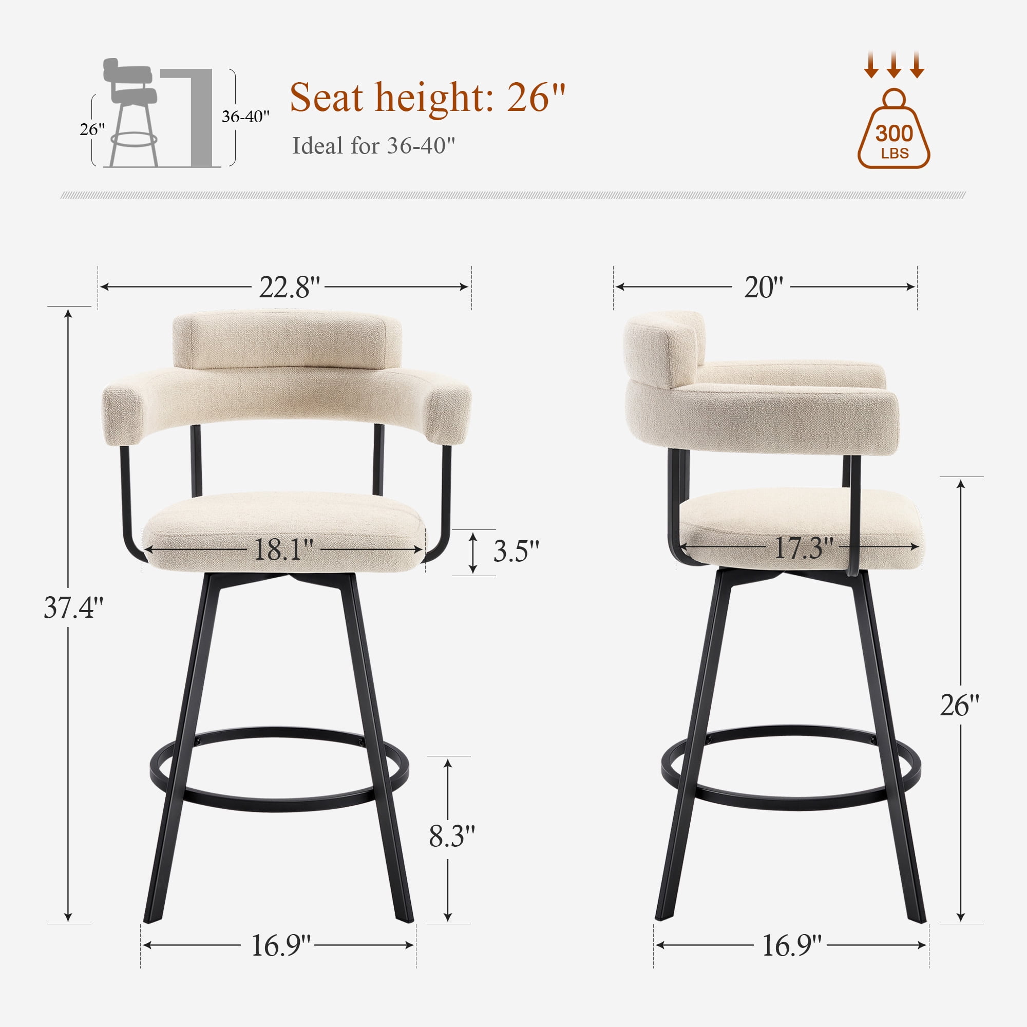 Zesthouse 26" Counter Height Swivel Barstools, Linen Upholstered Bar Stools Set of 2, Metal Base, Beige