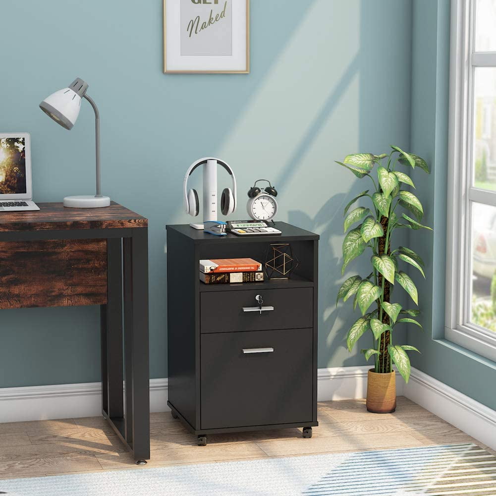 Modern 2-Drawer Mobile File Cabinet/Printer Stand with Lock Black 