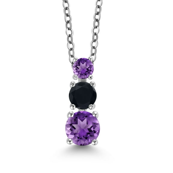 Gem Stone King Purple Amethyst and Black Onyx 3 Stone Pendant Necklace for Women (0.80 cttw, Gemstone Birthstone, Round 5MM, 4MM and 3MM, with 18 inch Chain)