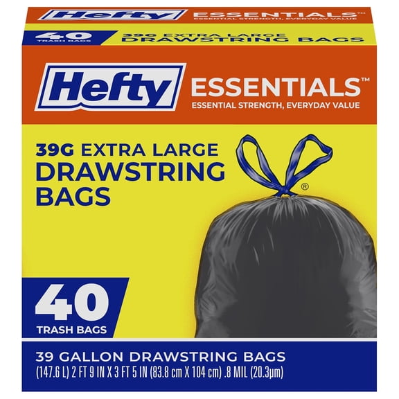 Essentials Extra Large 39 Gallon Trash Bags, 40 Count, Extra Large Trash Bags for Landscaping, Yard Waste, Basement Cleanouts, Home Remodeling, and More, Scent Free, Black