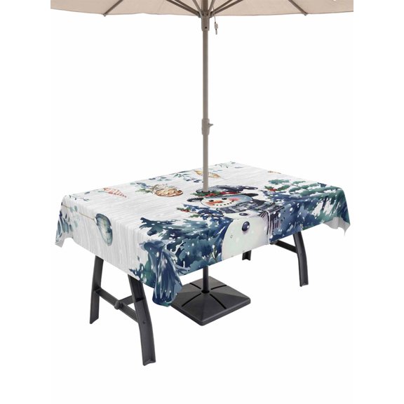 Outdoor Tablecloth with Umbrella Hole and Zipper, Blue Christmas Rectangle Table Cloth 60x120 Inch Waterproof Tablecloth, Snowman Eucalyptus Leaves Xmas Snowflake Picnic Table Cover for Patio Camping