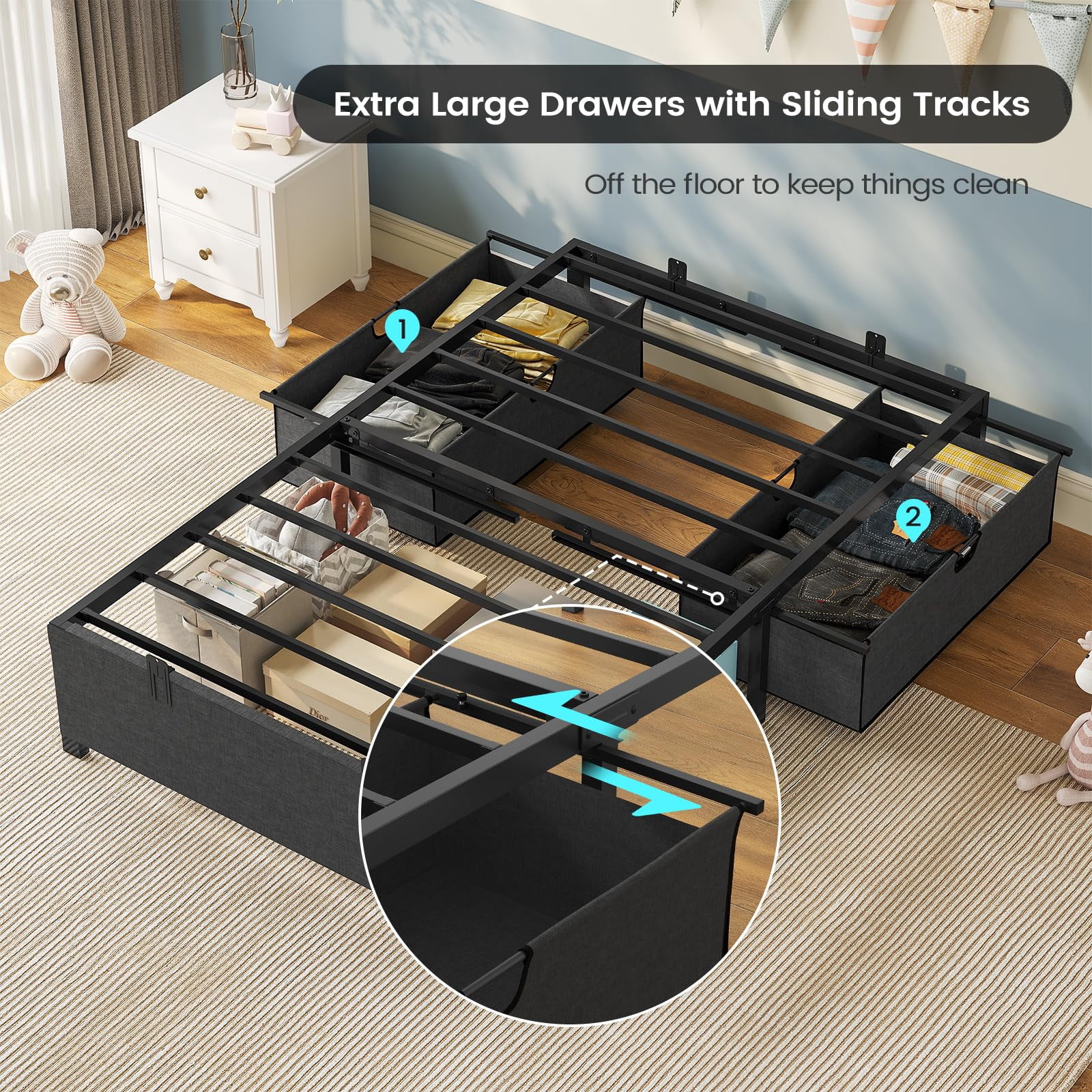 Afuhokles Twin Bed Frame with 2 Large Storage Drawers, Platform Metal Bed, Dark Grey