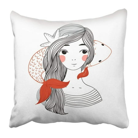 The White Starfish BPBOP Beautiful Young Girl Sailor and the Japanese Carp Starfish in Hair Hand Drawing Objects on White Pillowcase 18x18 inch ()