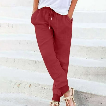 Lilgiuy Womens Solid Color Tapered Pants Cotton Linen Drawstring Elastic Waist Pants Casual Trousers With Pocket Hiking Work Ankle Dress Pants
